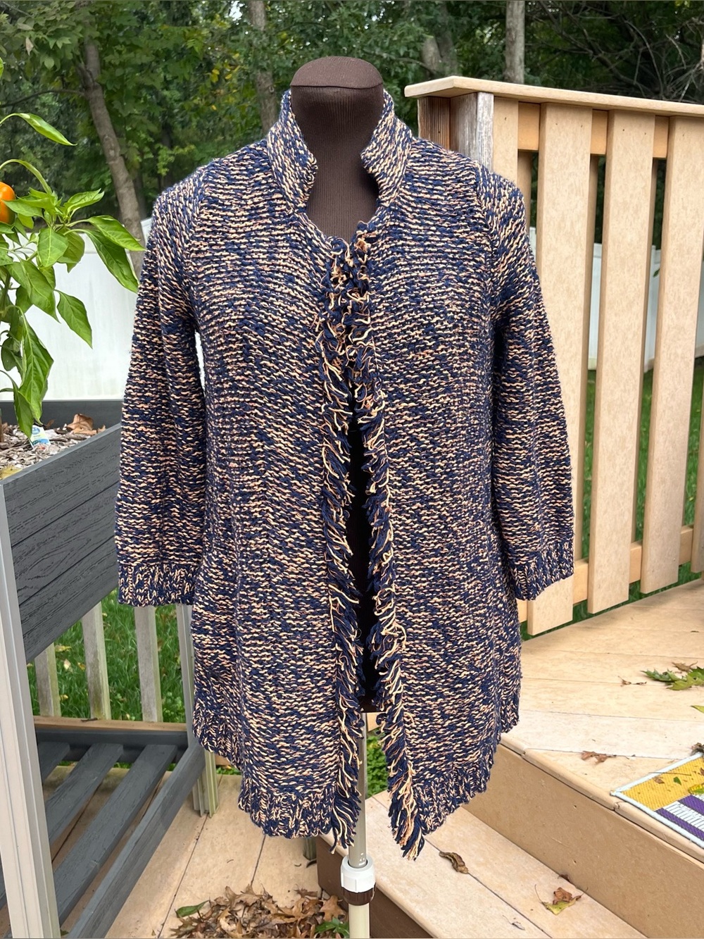 Anthropologie Sparrow Navy Marled Peat Open Front Fringe Cardigan Sweater Size S